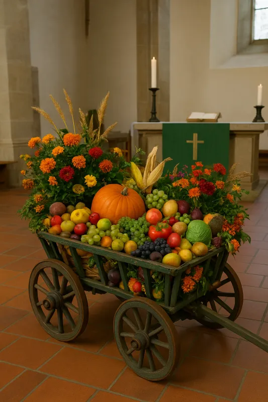 Erntedank Leiterwagen in Kirche (Foto: chatGPT.com) Erntedank Leiterwagen in Kirche (Foto: chatGPT.com)